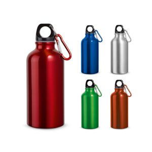 70515- Garrafa esportiva em alumínio e acabamento metálico com mosquetão 400 mL
