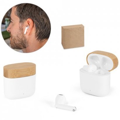 41111-Fones de ouvido wireless em ABS 100% reciclado e bambu com autonomia de 5h